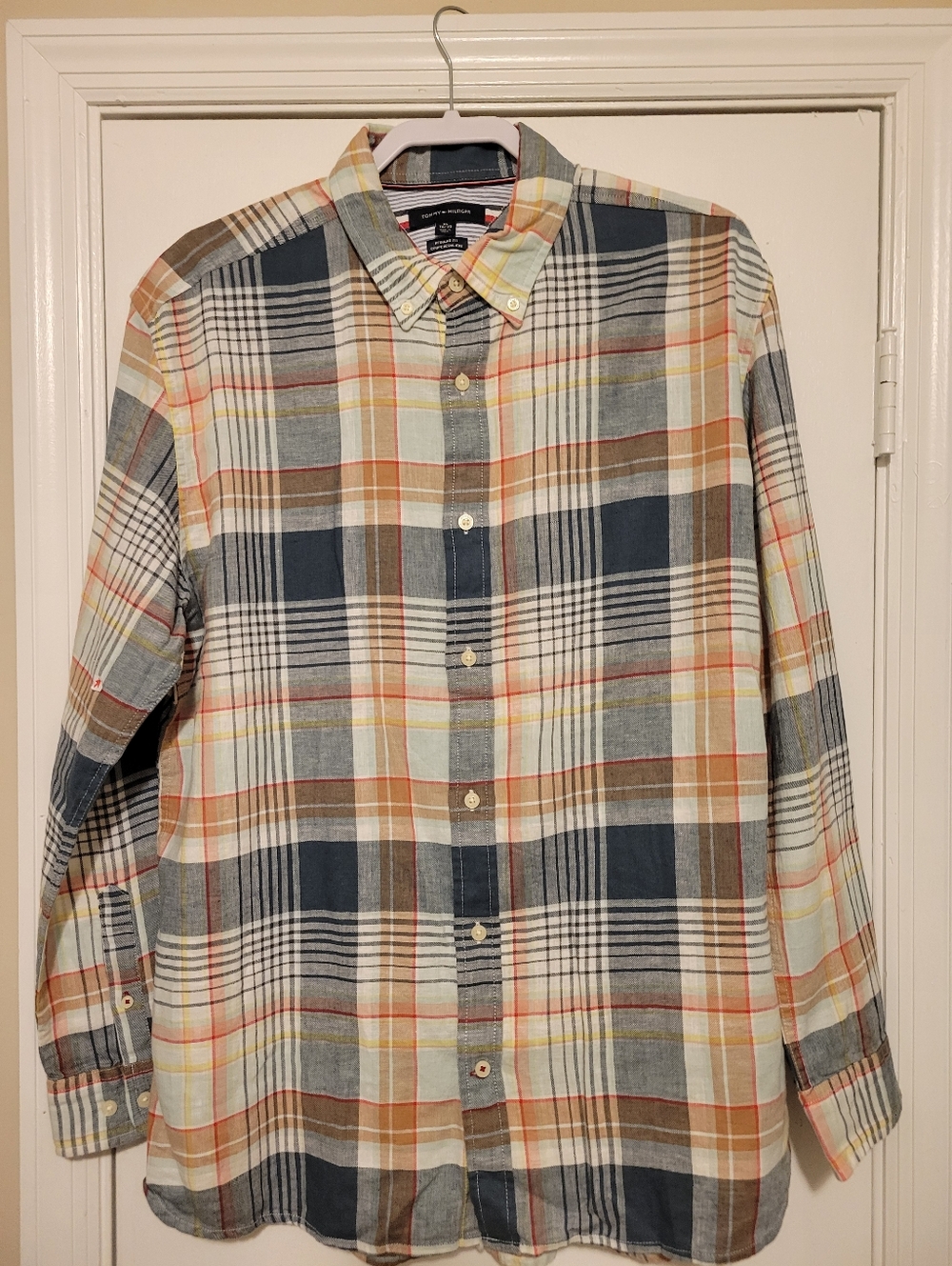 Tommy Hilfiger Plaid Button-Down Shirt in Blue, Brown & Cream